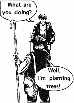 "What are you doing?," the young man asked. "Well, I'm planting trees!," answered the old shepherd.